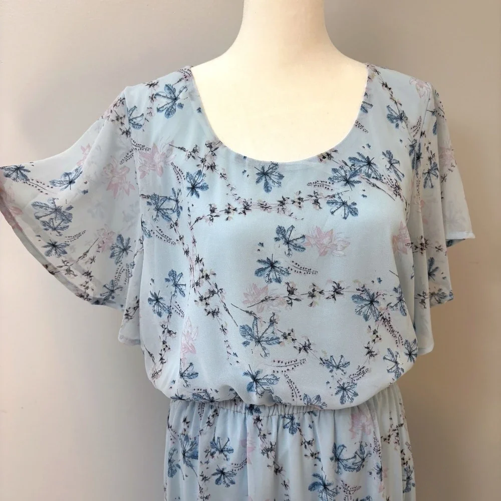 Nemidor Light Blue‎ Floral Chiffon Midi Dress Flutter Sleeve Cottagecore Sz 14